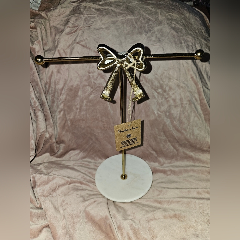 Viral Gold Tone Bow Jewelry Stand with Marble Base